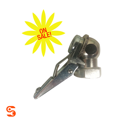Chrome brass closed air chuck with angled metal clip and round chuck head on white background