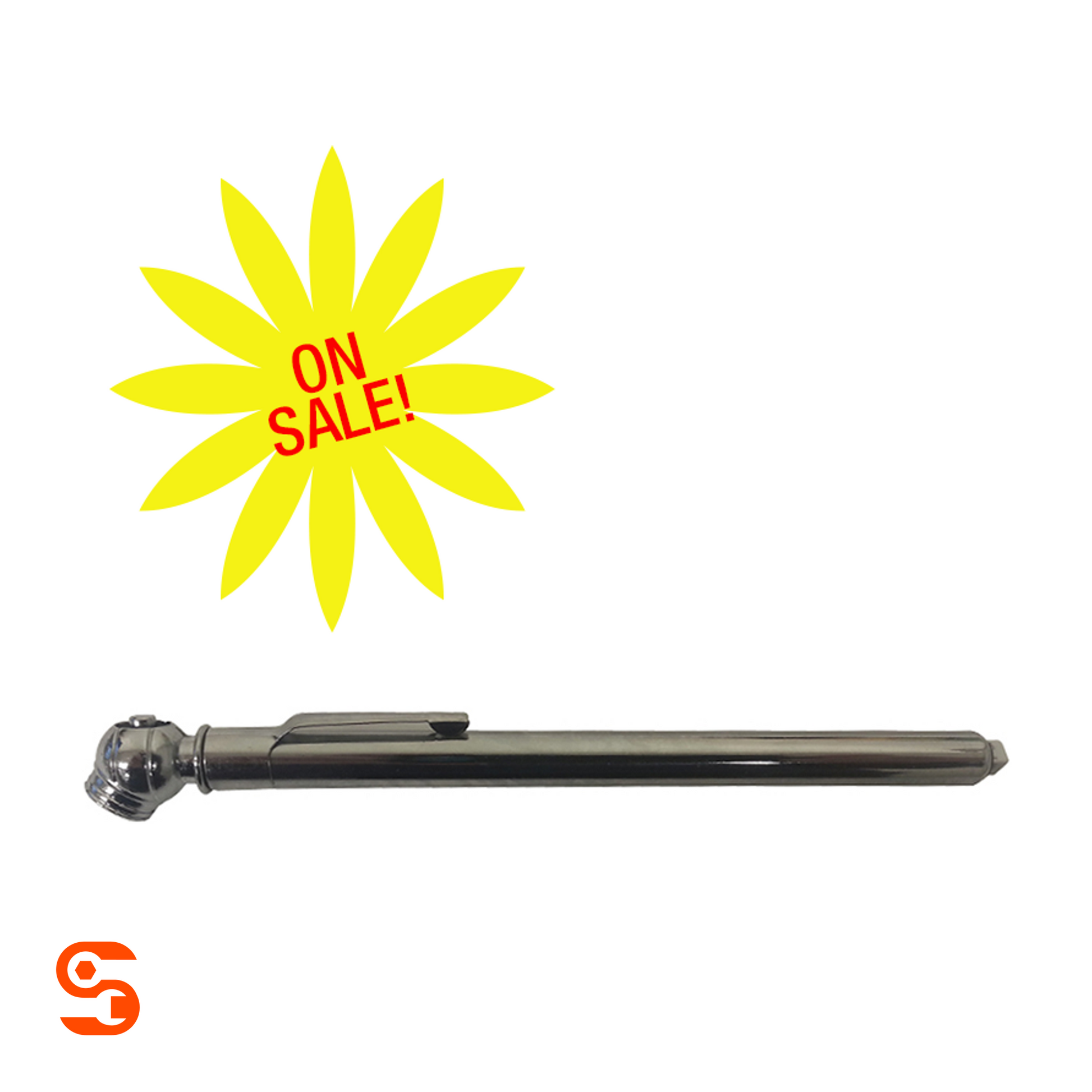Chrome pencil air gauge with pocket clip and angled round pressure head, 10-50 PSI range