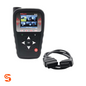 Black TPMS diagnostic tool with color display, directional buttons, and OBDII cable on white background