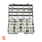 Open plastic case with labeled TPMS valve stem service kits in individual white packets, 52 pieces