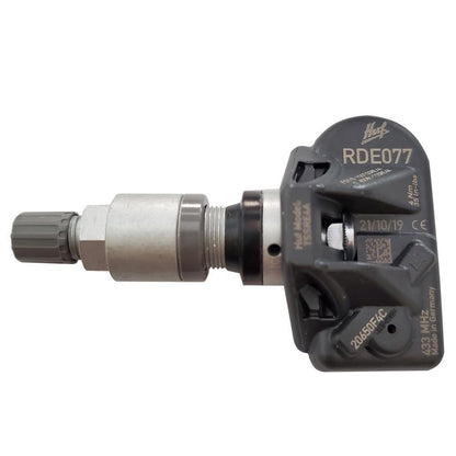 Brushed-aluminum HUF RDE077V21 OE TPMS sensor, 433 MHz, with metal valve stem