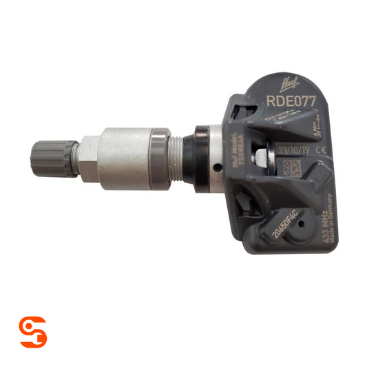 Black HUF TPMS sensor with brushed aluminum valve stem and gray cap, 433 MHz marking visible