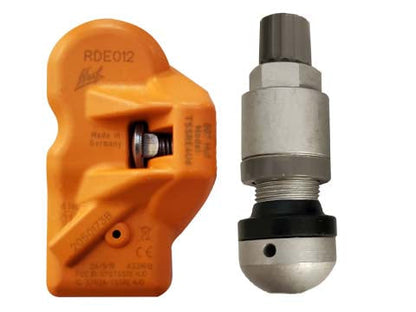 Silver HUF RDE001V21 OE TPMS sensor, 433 MHz, with included valve stem