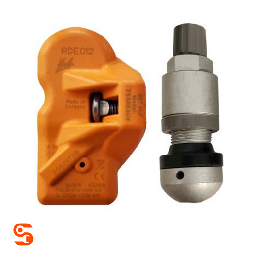 Silver metal HUF TPMS sensor valve stem shown beside an orange tire pressure sensor housing