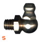 Metal grease fitting with 1/8 inch pipe thread, hex base, and angled nipple on white background