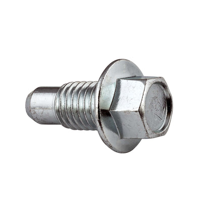Silver M12x1.75 pilot-point oil drain plug with 15mm hex head and threaded shaft