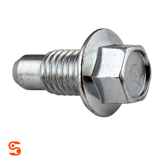 Silver flange hex oil drain plug with pilot point and threaded shaft on white background