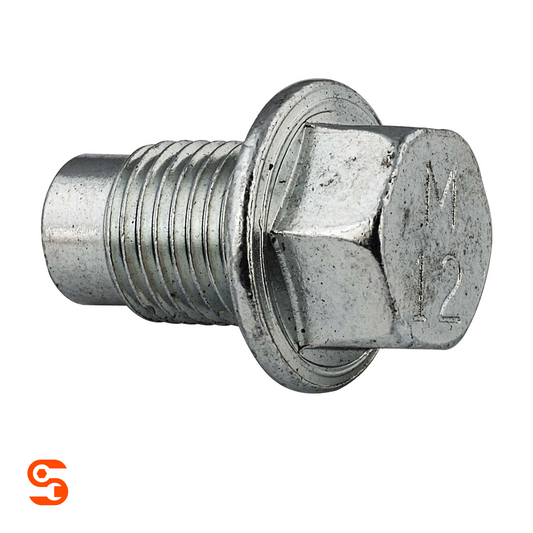 Silver metal M12 flange hex oil drain plug with pilot point and threaded shaft