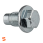 Silver metal flange hex oil drain plug with pilot point and threaded shaft on white background