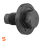 Black hex molded gasket oil drain plug with pilot point tip, threaded shank, and attached round gasket