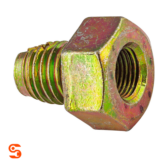 Zinc yellow oversize single hex oil drain plug with threaded stud and internal opening on white background