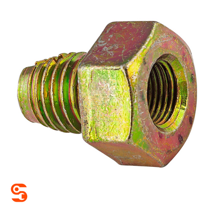 Zinc yellow oversize single hex oil drain plug with threaded stud and internal opening on white background