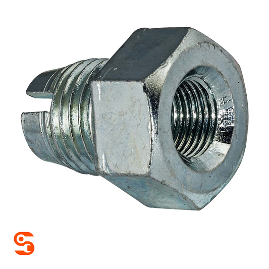Zinc plated hex oil drain plug with external threads and hollow threaded center on white background