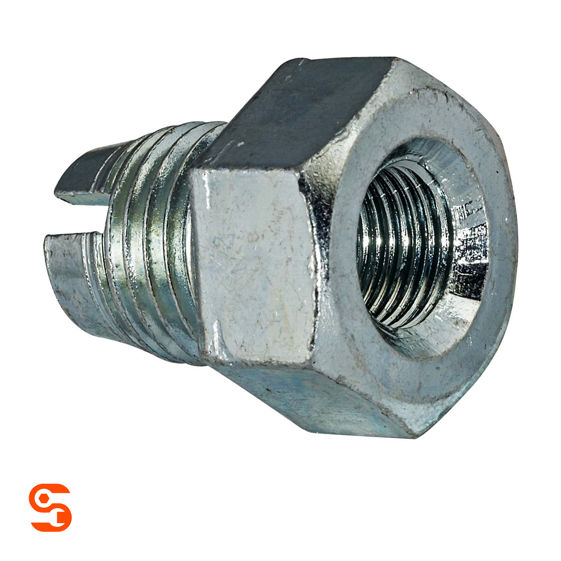 Zinc plated hex oil drain plug with external threads and hollow threaded center on white background