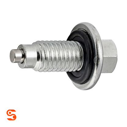 Silver magnetic flange hex oil drain plug with threaded shaft and black gasket