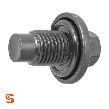 Black metal flanged hex oil drain plug with threaded pilot point and gasket