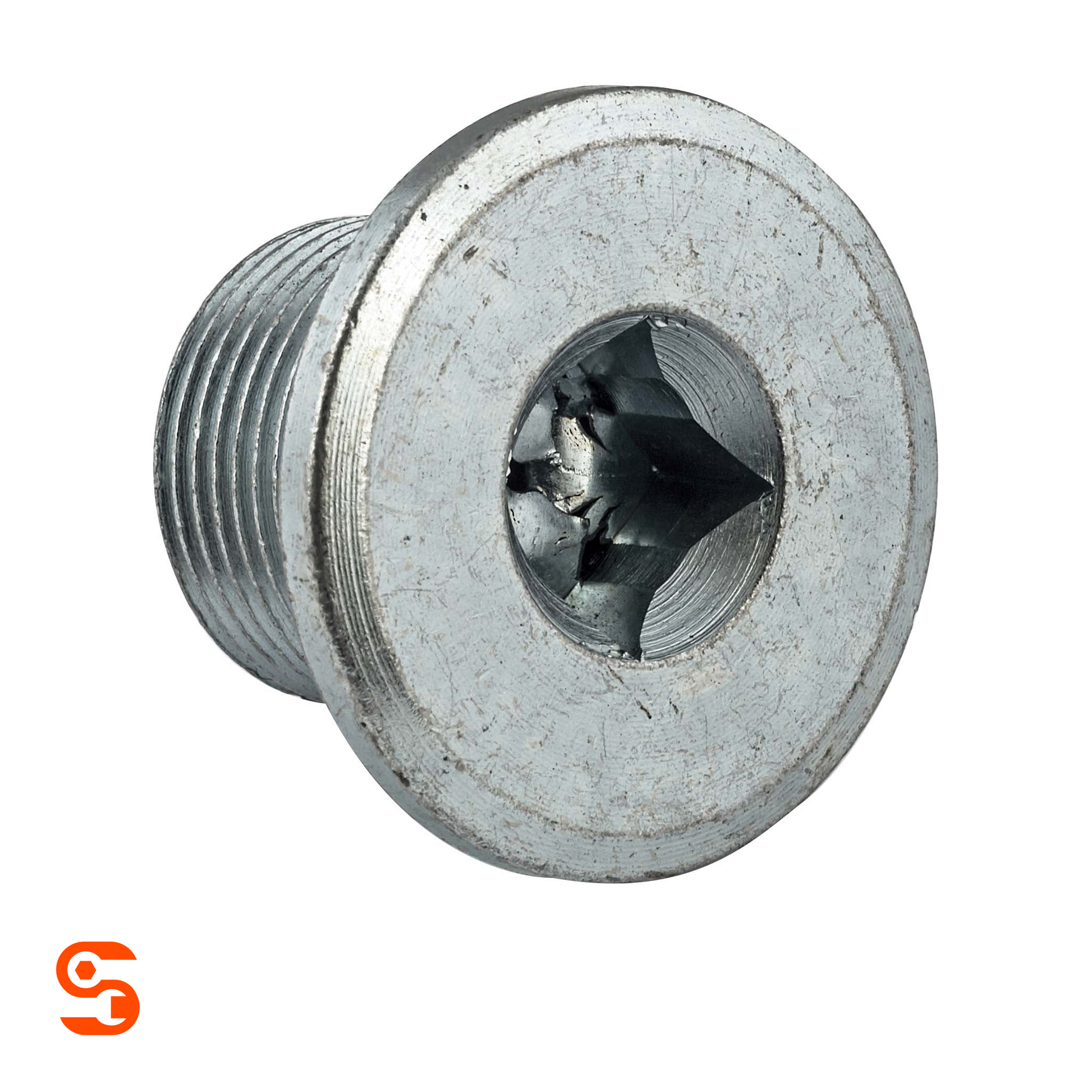 Silver flat oil drain plug with threaded body and square socket drive on a white background
