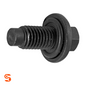 Black metal flanged hex oil drain plug with pilot point, threaded shaft, and gasket visible