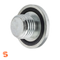 Silver flat oil drain plug with threaded shaft and black sealing ring on white background