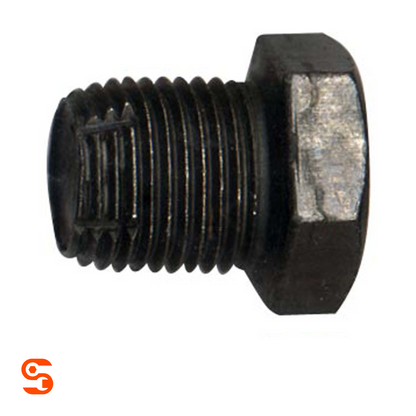 Black zinc oversize oil drain plug with threaded body, slotted tip, and triple hex head