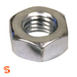 Silver metal hex nut with internal threading, single standard grade-5 hardware fastener