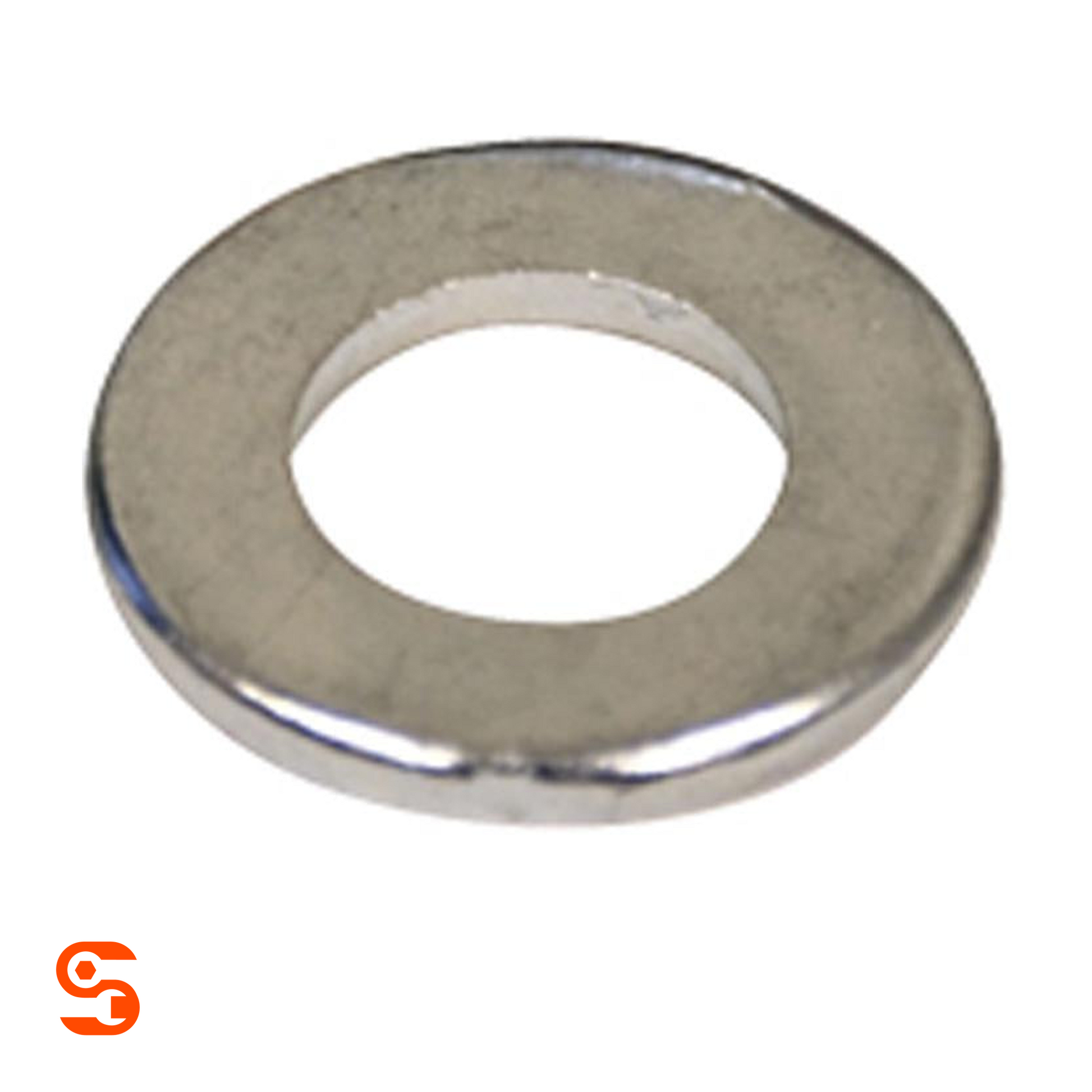 Single silver metal flat washer with central hole on a white background