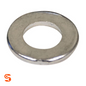 Single silver metal flat washer with central hole on a white background