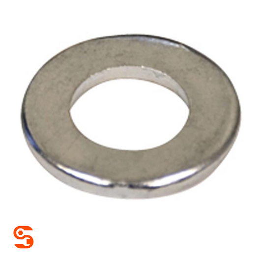 Single silver metal flat washer with circular center hole on a white background
