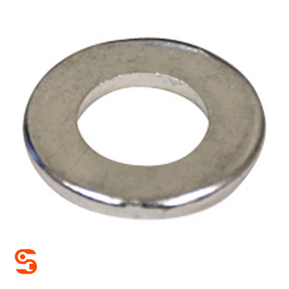 Single silver metal flat washer with circular center hole on a white background