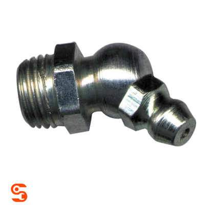 Single silver 45 degree metric grease fitting with threaded end and angled ball nipple