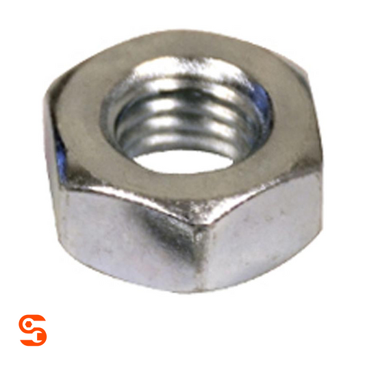 Single silver metal 5mm Grade 8 hex nut with internal threading on a white background