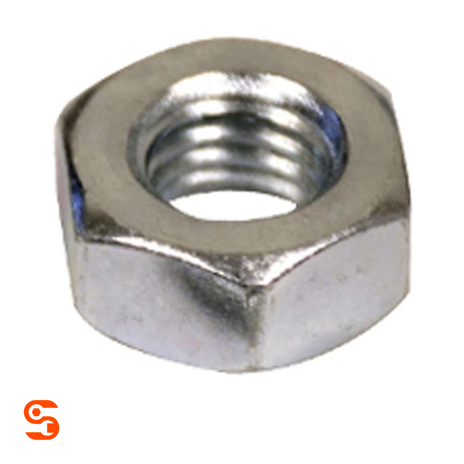 Single Grade-8 silver metal hex nut with threaded center on white background