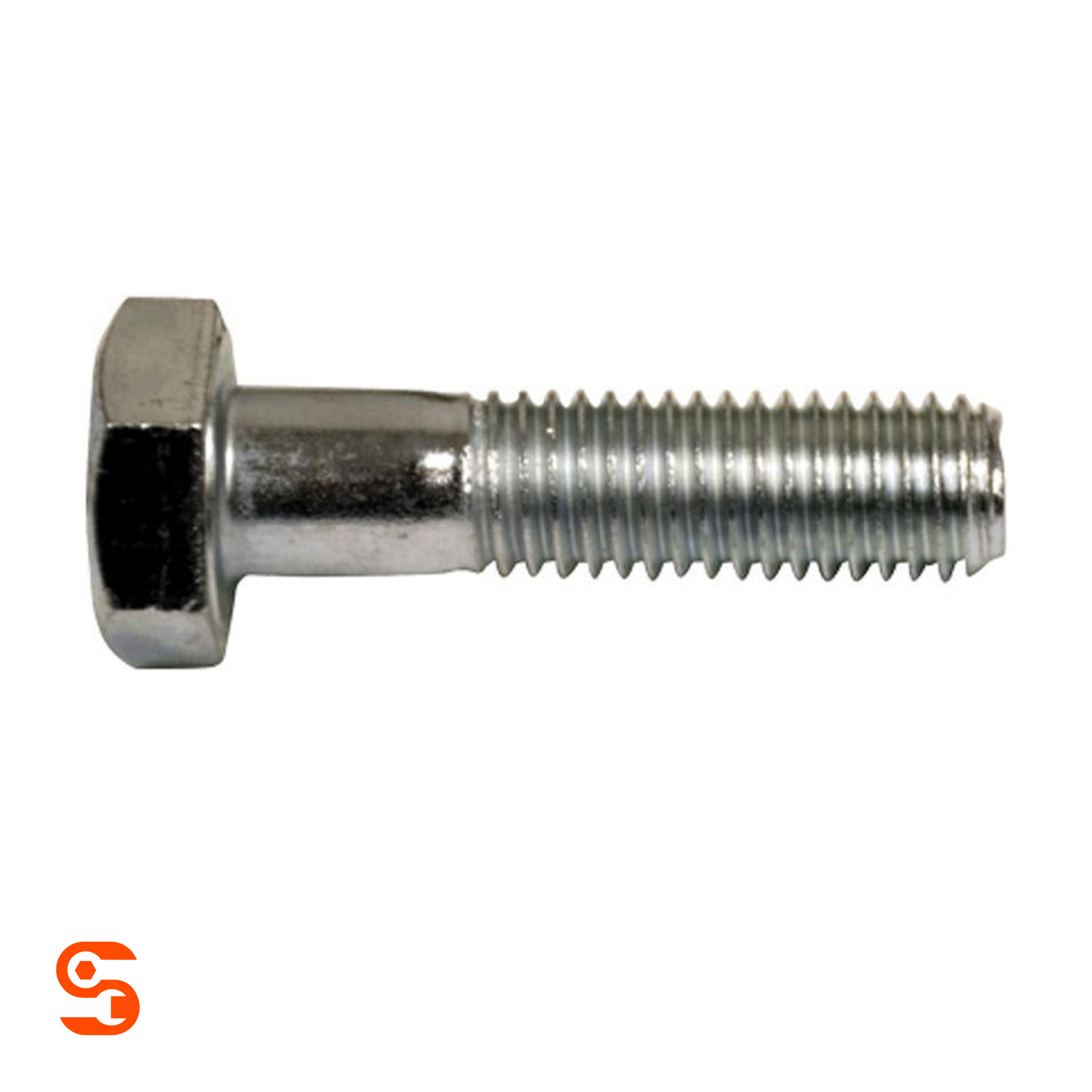 Silver metric hex bolt with partially threaded M10-1.5 shaft and hex head on white background