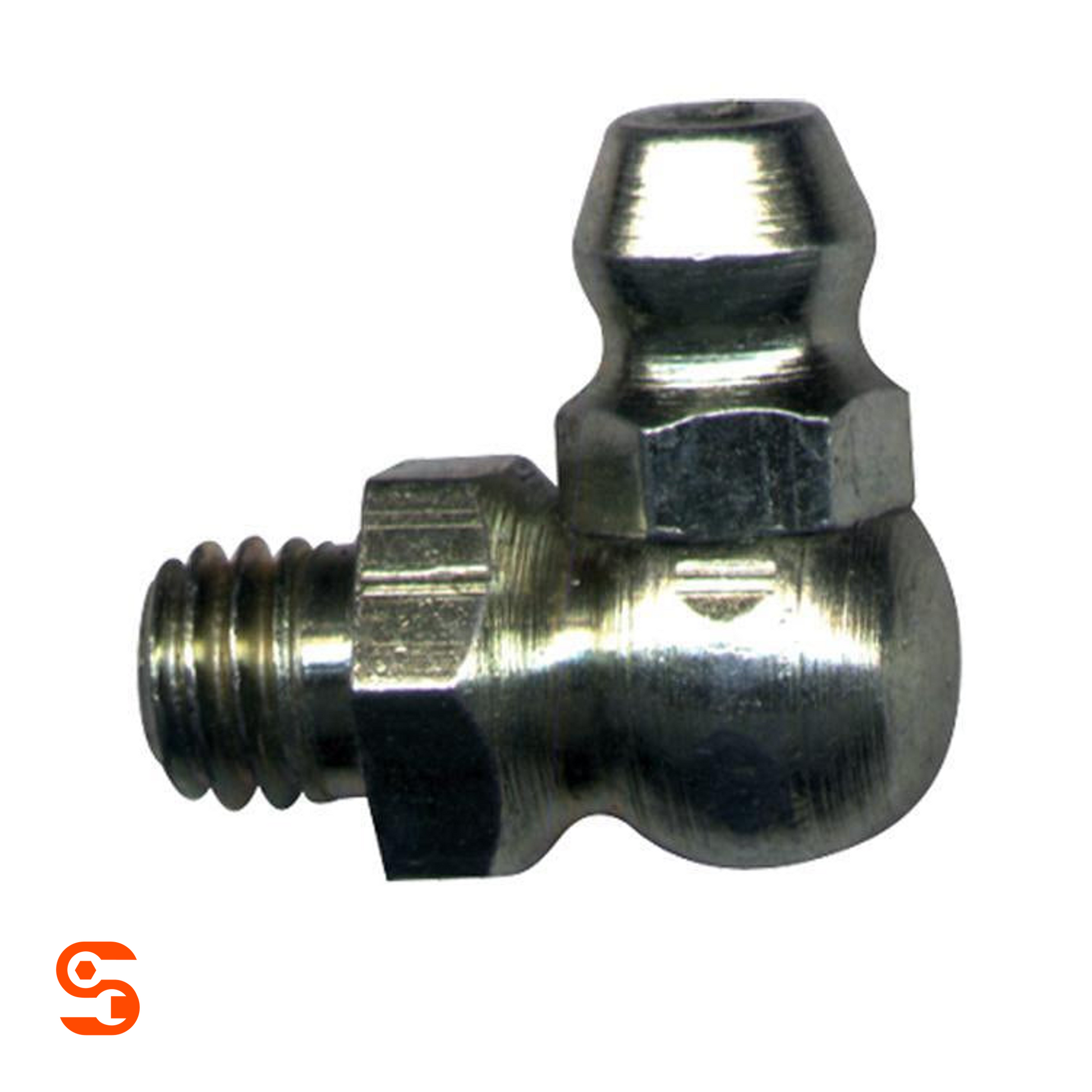 90° metric grease fitting in shiny metal with threaded end and angled nipple on white background
