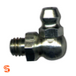 90° metric grease fitting in shiny metal with threaded end and angled nipple on white background