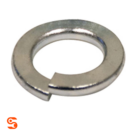 Single silver metal split lock washer with circular shape and raised cut ends