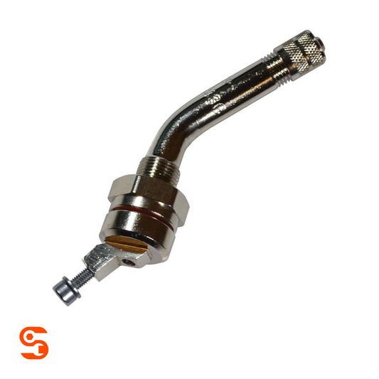 Chrome 45 degree bent TPMS valve stem with knurled cap and mounting hardware for alloy wheel