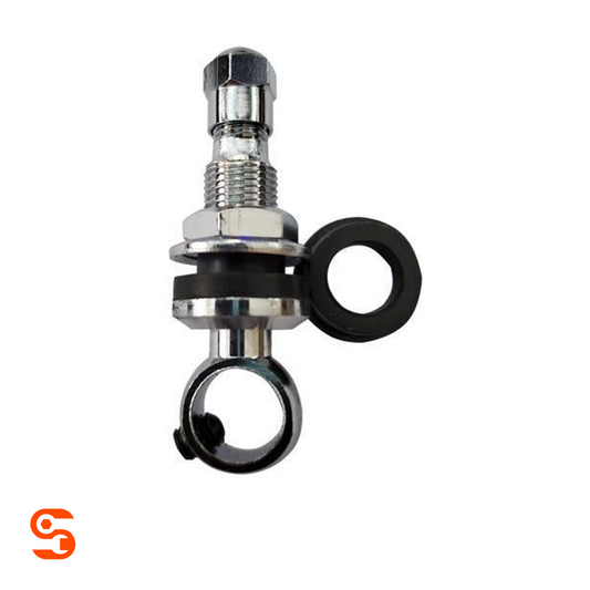 Chrome TPMS valve stem adapter with black rubber grommet and side ring, low profile metal fitting
