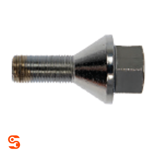 Chrome steel wheel bolt with threaded shaft, 60° acorn conical seat, and hex head