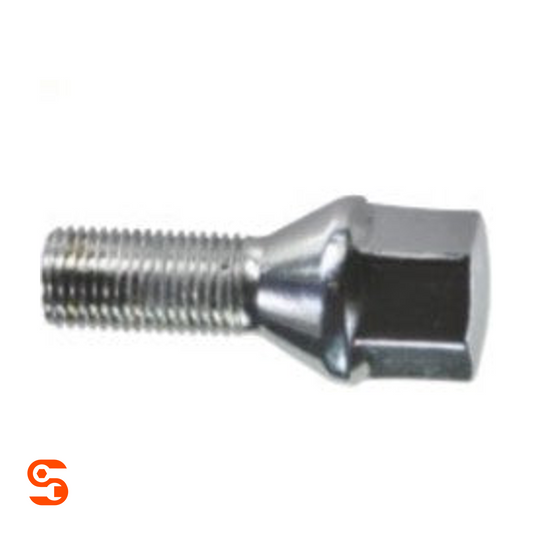 Chrome plated steel wheel bolt with threaded M12 shaft, 60° acorn conical seat, and 17mm hex head