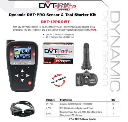 Dynamic DVT-Pro TPMS starter kit: 12 dual-band 315/433 MHz sensors, DY-47 diagnostic tool with OBDII and hard case